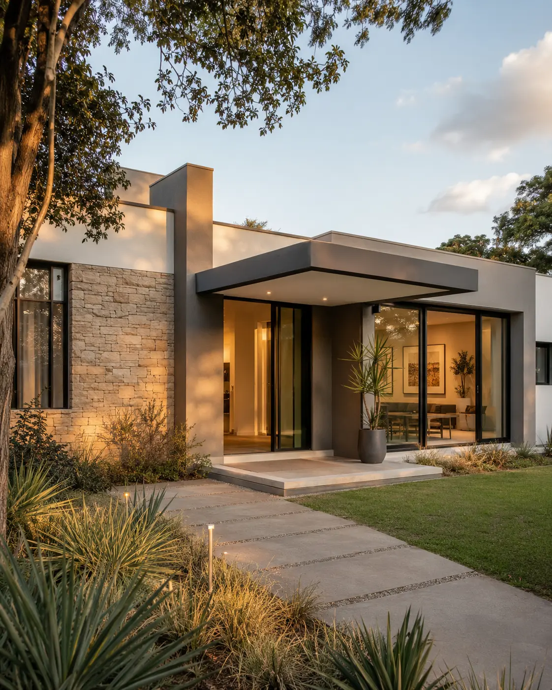 Contemporary Gauteng home with stonework and black aluminium glazing