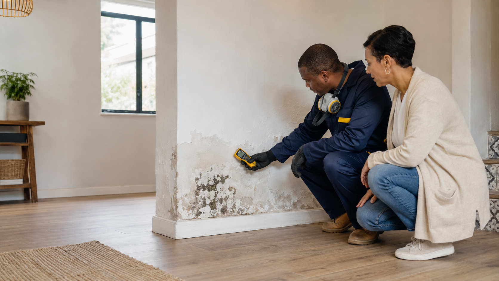 Building inspector assessing damp and mould in a South African rental property