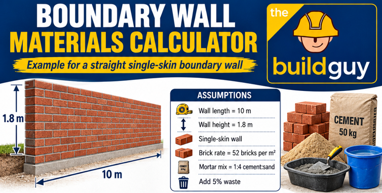 Boundary wall materials calculator example for a 10 m long and 1.8 m high single-skin brick wall